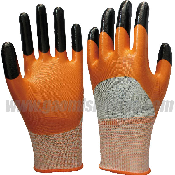 N513 丁晴手指加固手套 丁青半掛膠3/4 白紗桔(圖1) N598 丁晴手指加固手套