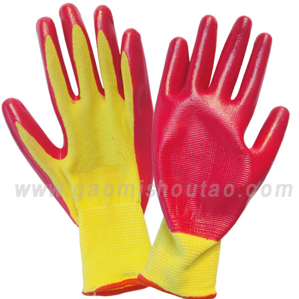 13針尼龍丁青手套 黃紗玫紅膠(圖1) 尼龍丁青手套 黃紗玫紅膠